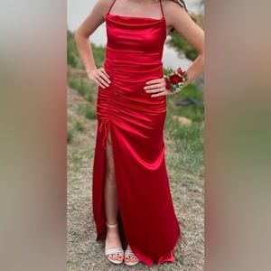 Red floor length, open back Prom Dress